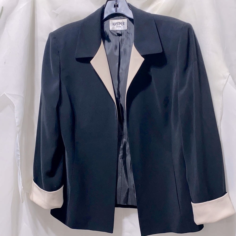 KASPER OPEN FRONT BLAZER CREAM/BLACK LINED SZ 12P